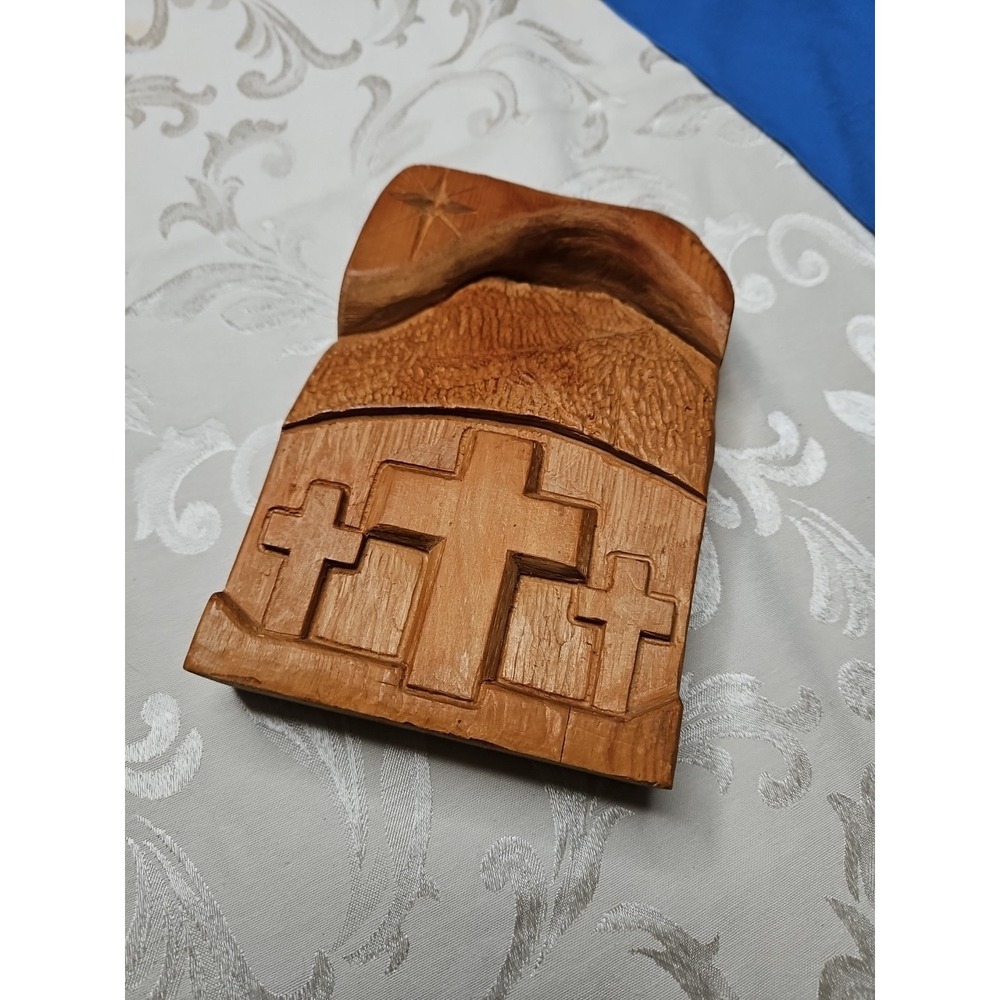 Primitive Wood Carved Triple‎ Cross Christian Jesus Tramp Art Sculpture 8"